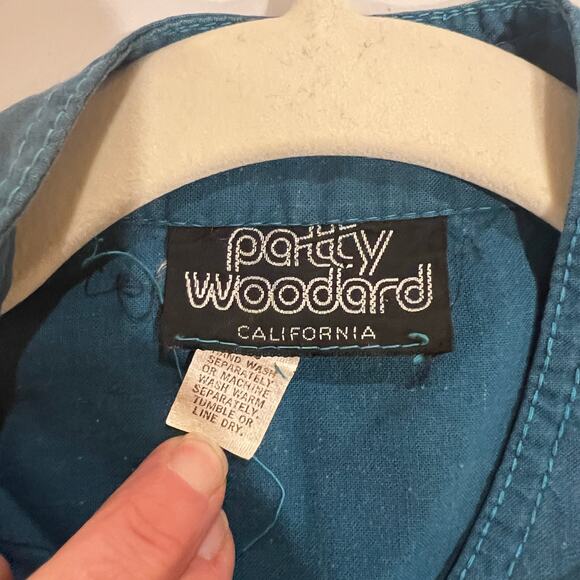 Vtg Patty Woodard 100% cotton button front shirt teal blue small puff sleeve - Picture 3 of 11